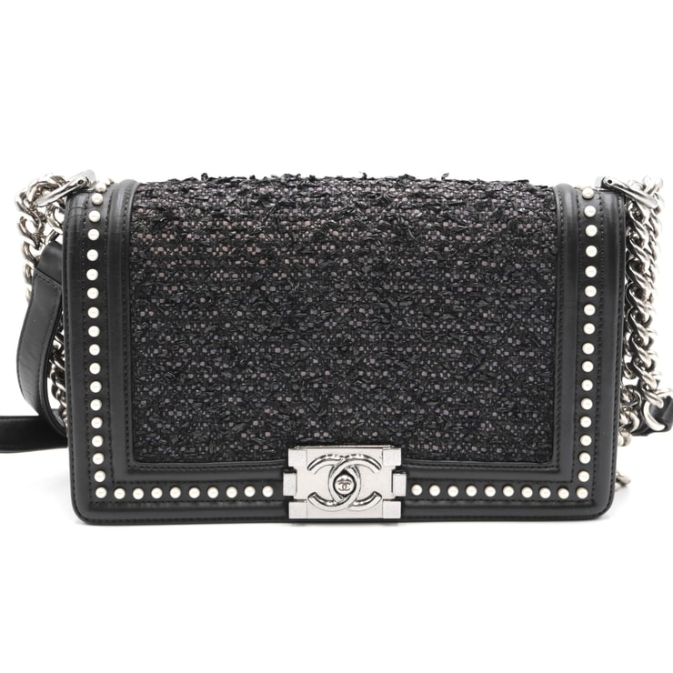 CHANEL(シャネル)ボーイシャネル チェーンショルダーバッグ ブラック ツイード レザー パール装飾 シルバー金具 A67086 レディース【中古】