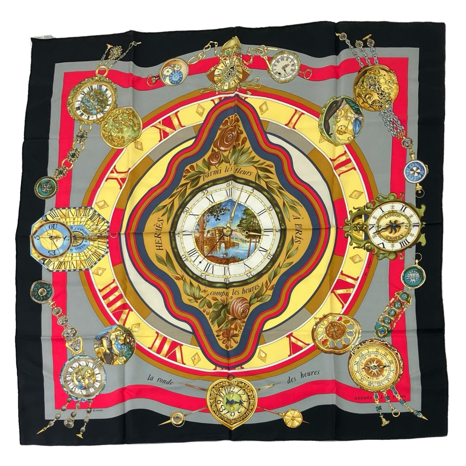 HERMES エルメス カレ90 la ronde des heures 時ノ輪舞 ブラック×グレー