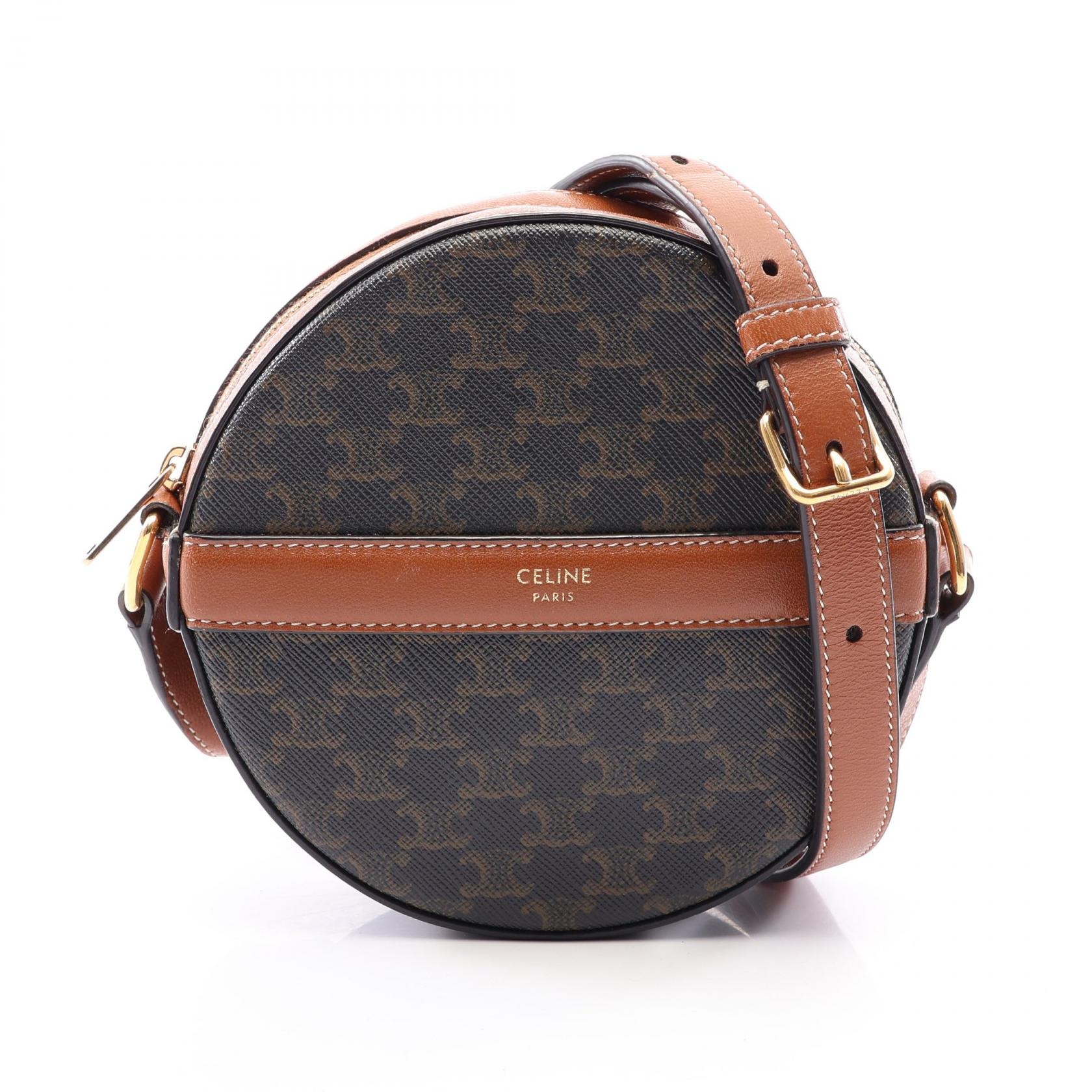 セリーヌ CELINE ラウンドパース トリオンフ ショルダーバッグ バッグ PVCコーティングキャンバス レザー レディース ブラック系 / ブラウン系 【中古】