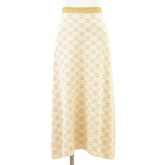 【極美品】GUCCI グッチ ロングスカート GG インターロッキング ジャガード ラメ メタリック ウールブレンド ニット ミドルゲージ ボトムス レディース サイズ S ライトベージュ ゴールド イタリア製