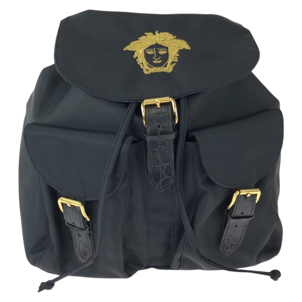 美品 VERSACE ヴェルサーチ ヴィンテージ メデューサ ブラック 黒 ゴールド金具 ナイロン リュックサック バックパック 603698 【中古】