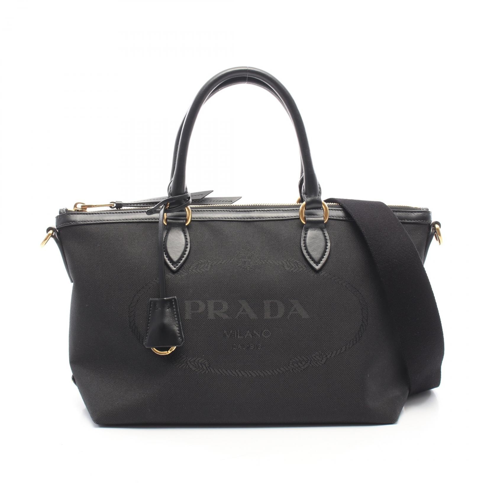 プラダ PRADA LOGO JACQUARD ロゴジャガード 2WAY ハンドバッグ バッグ キャンバス レザー レディース ブラック系 1BA104 【中古】