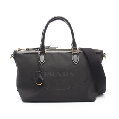 プラダ PRADA LOGO JACQUARD ロゴジャガード 2WAY ハンドバッグ バッグ キャンバス レザー レディース ブラック系 1BA104 【中古】