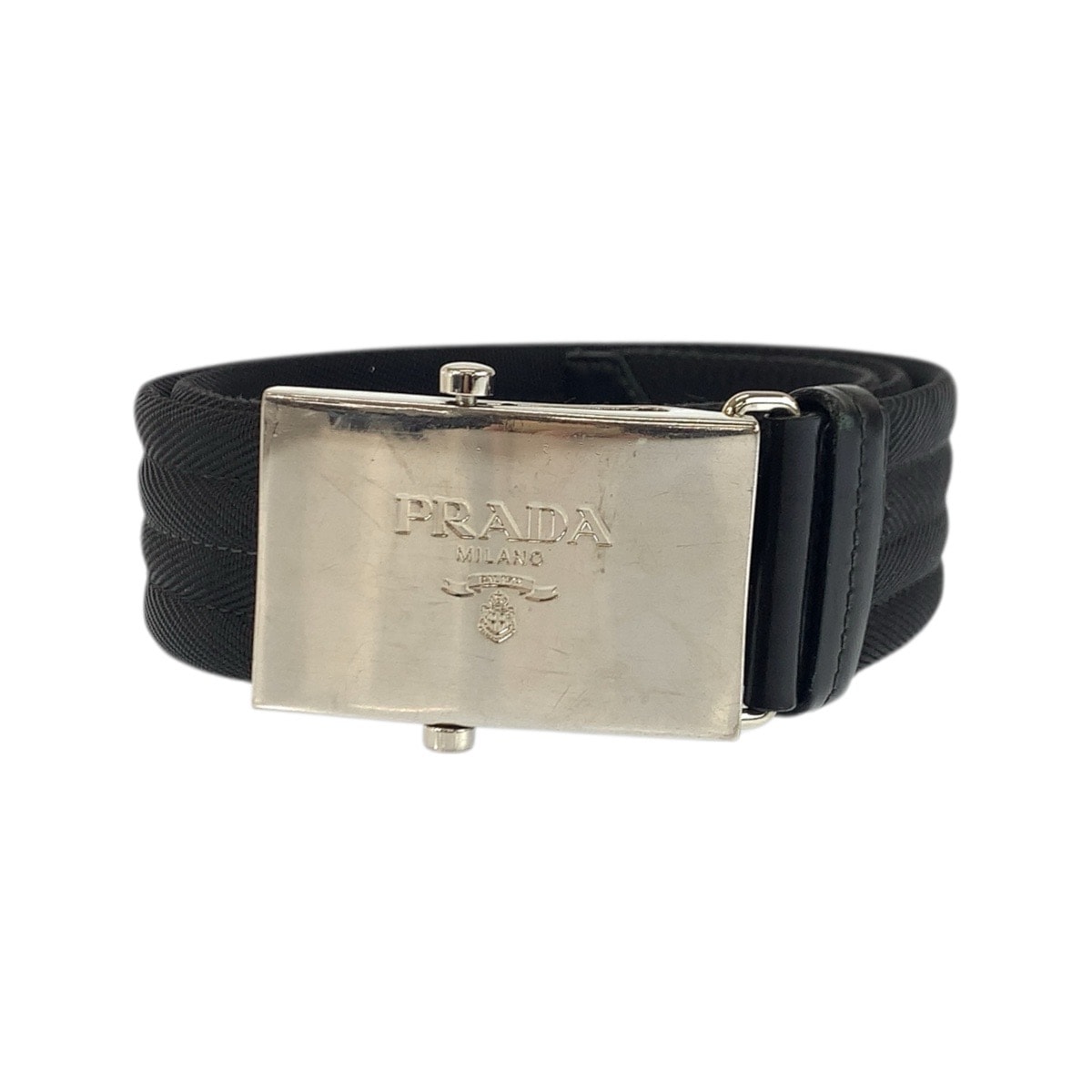 美品 PRADA プラダ 85cm/34インチ ブラック 黒 シルバー金具 ナイロン ベルト ローラーバックルベルト 601483 【中古】