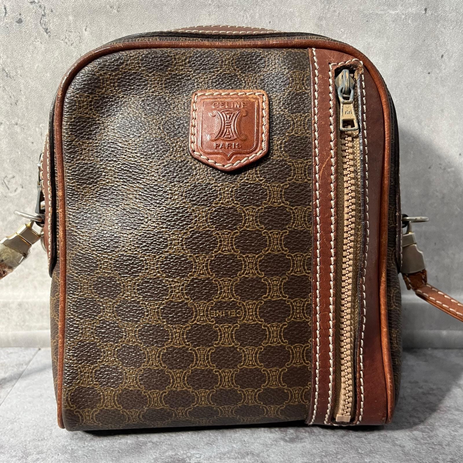 【CELINE】セリーヌ ショルダーバッグ マカダム柄 ブラウン PVC レザー フロントポケット 斜め掛け クロスボディ ヴィンテージ レディース