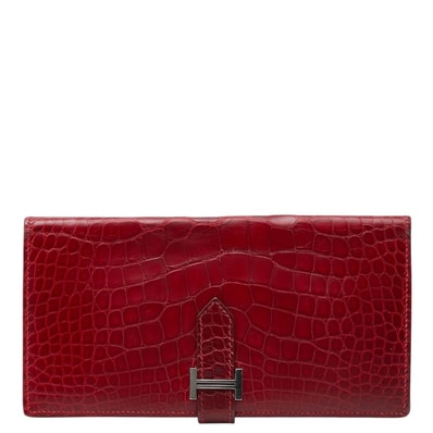 エルメス ベアン クラシック 長財布 □I 2005 レッド シルバー金具 アリゲーター レディース HERMES 【中古】