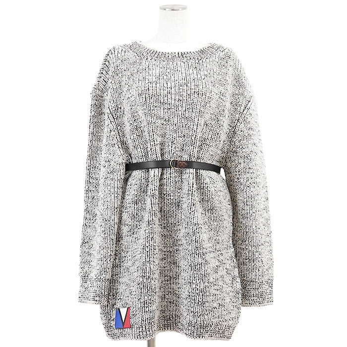 【未使用】LOUIS VUITTON ルイ・ヴィトン ニットワンピース 2023AW モノトーン ウール100% LV ロゴ レザーパッチ トリコロール モノグラム ローゲージ メランジ ドレス レザーリングベルト付属 レディース XL 白 黒 イタリア製