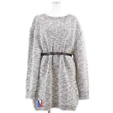 【未使用】LOUIS VUITTON ルイ・ヴィトン ニットワンピース 2023AW モノトーン ウール100% LV ロゴ レザーパッチ トリコロール モノグラム ローゲージ メランジ ドレス レザーリングベルト付属 レディース XL 白 黒 イタリア製