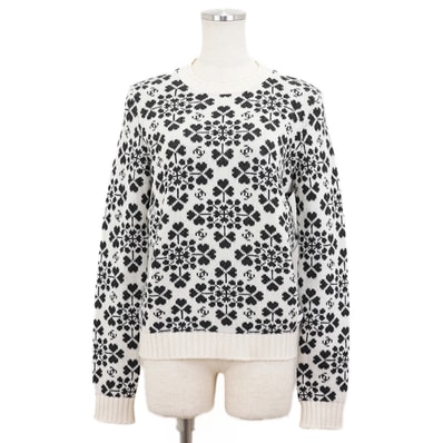 美品 シャネル P71472 カシミヤ100% ココマーク × ハートクローバー 総柄 ラウンドネック 袖リブ 裾リブ セーター レディース アイボリー チャコール 36 CHANEL