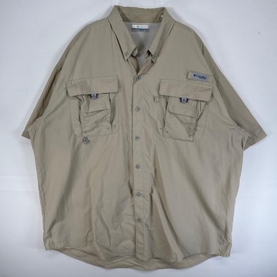 古着 コロンビア Columbia 半袖シャツ PFG フィッシングギア ワンポイント ロゴ 大きいサイズ XL ベージュ 無地 メンズ