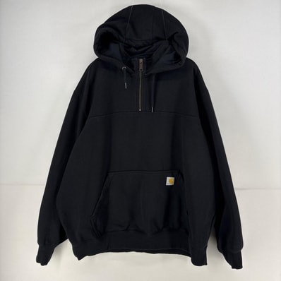 古着 カーハート Carhartt パーカー ワンポイント 裏起毛 ロゴ スウェット ハーフジップ 厚手 大きいサイズ 2XL ブラック 無地 メンズ