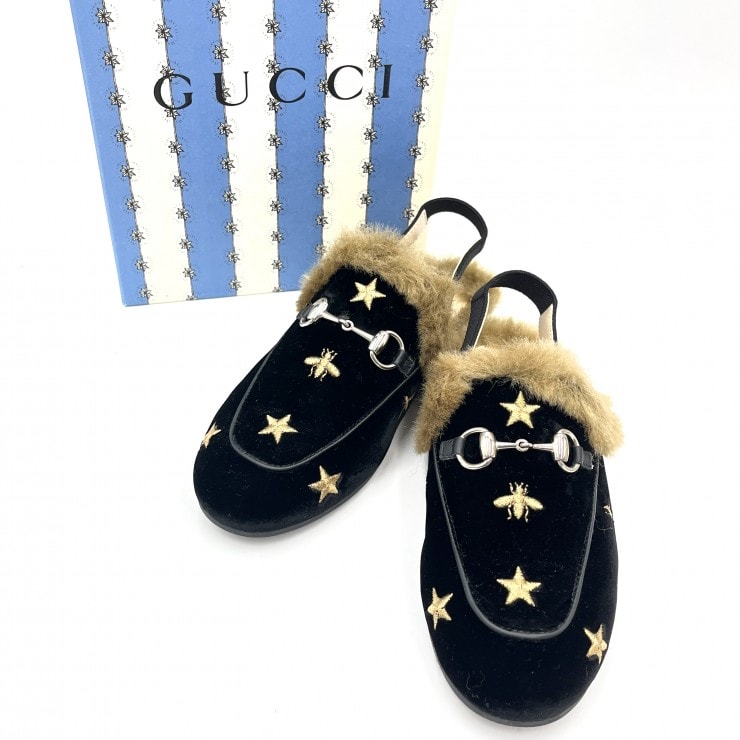 GUCCI(グッチ)プリンスタウン キッズスリッパ ミュール ホースビット ブラック ベルベット ビー スター刺繍 ファー付き サイズ31【中古】