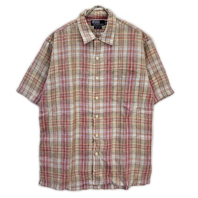 ポロ ラルフローレン 90年代 CLAYTON クレイトン チェック リネン100 オープンカラーシャツ M