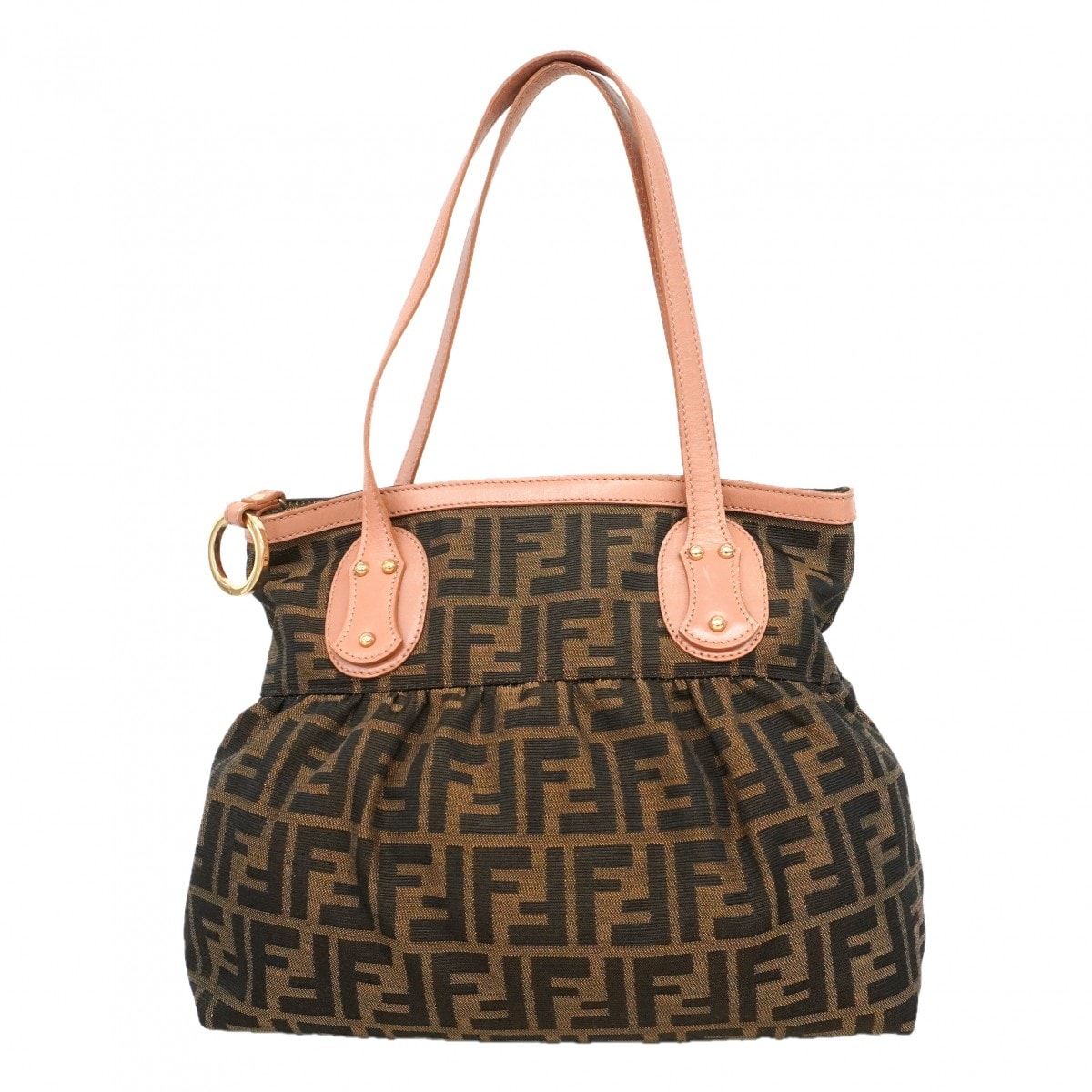 【6dd5456】フェンディ ハンドバッグ ズッカ ナイロンキャンバス ブラウン ピンク シャンパンゴールド金具【中古】レディース