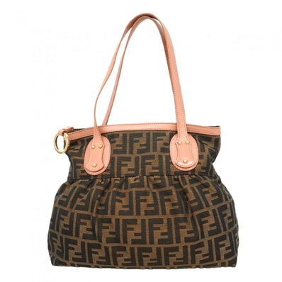 【6dd5456】フェンディ ハンドバッグ ズッカ ナイロンキャンバス ブラウン ピンク シャンパンゴールド金具【中古】レディース