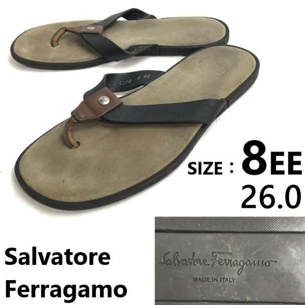 イタリア製★Salvatore Ferragamo/フェラガモ★レザーサンダル【size:8/26.0EE/brown/黒×茶】フラット/ビーチサンダル/Shoes◆TQ-640