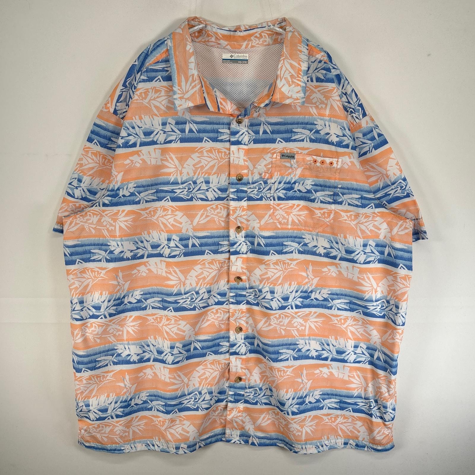 古着 コロンビア Columbia 半袖シャツ 大きいサイズ PFG フィッシングギア フィッシュパターン 14041  オレンジ系 総柄 メンズ