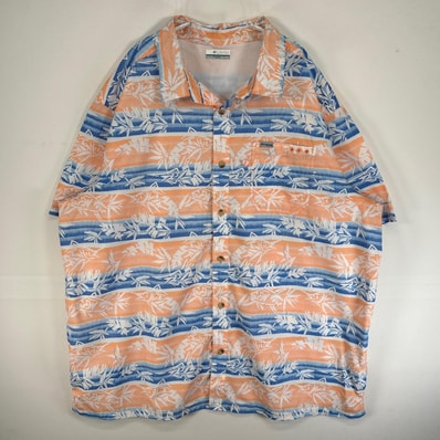 古着 コロンビア Columbia 半袖シャツ 大きいサイズ PFG フィッシングギア フィッシュパターン 14041 オレンジ系 総柄 メンズ