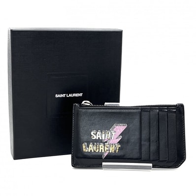 SAINT LAURENT(サンローラン)スタッズロゴ ジップカードケース コインケース ブラック レザー フラグメントケース メンズ レディース【中古】