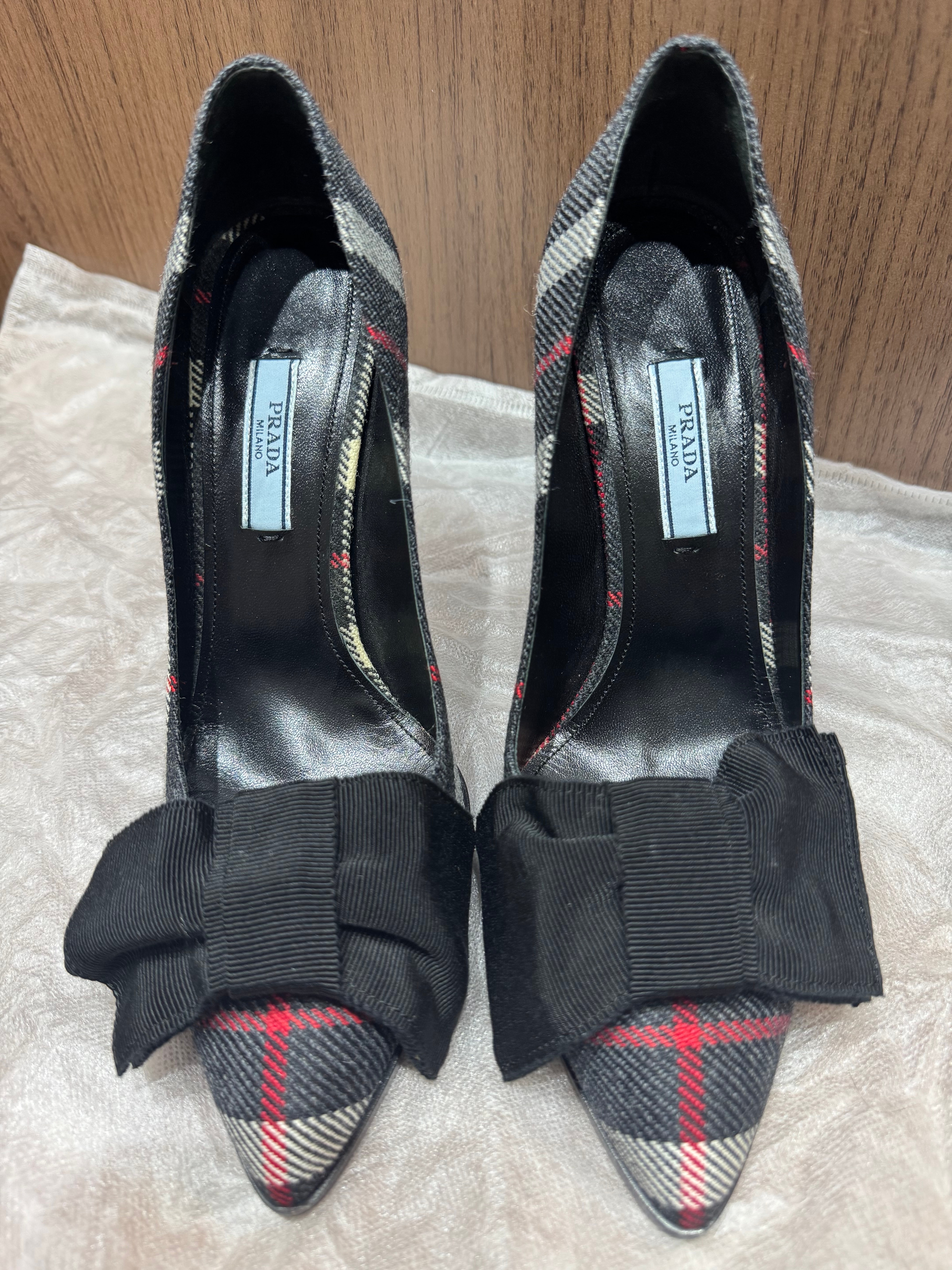 PRADA パンプス チェック柄 リボン ヒール約11cm サイズ37 24cm