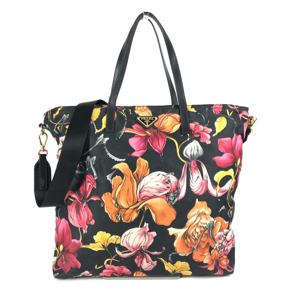 プラダ PRADA トライアングルロゴ 三角ロゴ プレート 花柄 フラワー カバン ハンドバッグ 肩掛け 2WAYバッグ ショルダーバッグ トートバッグ レザー/ナイロン ブラック