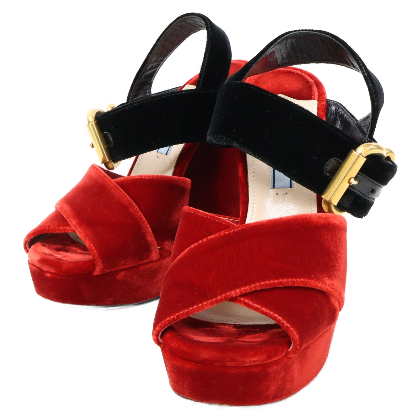 プラダ ベルベット アンクルストラップ チャンキーヒール サンダル 36