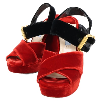 プラダ ベルベット アンクルストラップ チャンキーヒール サンダル 36