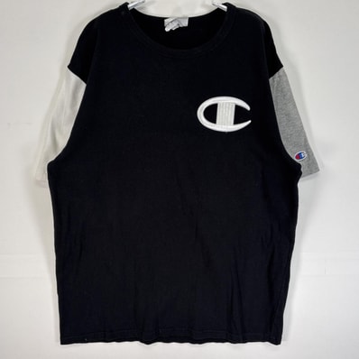 古着 チャンピオン Champion 半袖Tシャツ ワンポイント ロゴ スウェット地 厚手 クルーネック MEDIUM ブラック マルチカラー メンズ