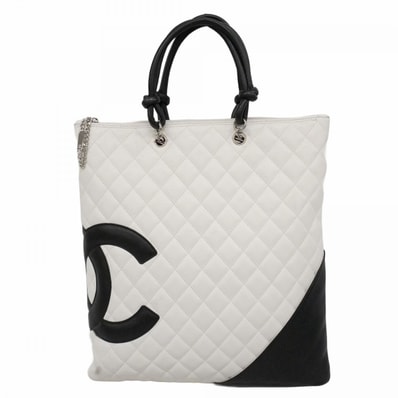 【6db1213-k】シャネル トートバッグ カンボン ラムスキン ホワイト ブラック シルバー金具【中古】レディース