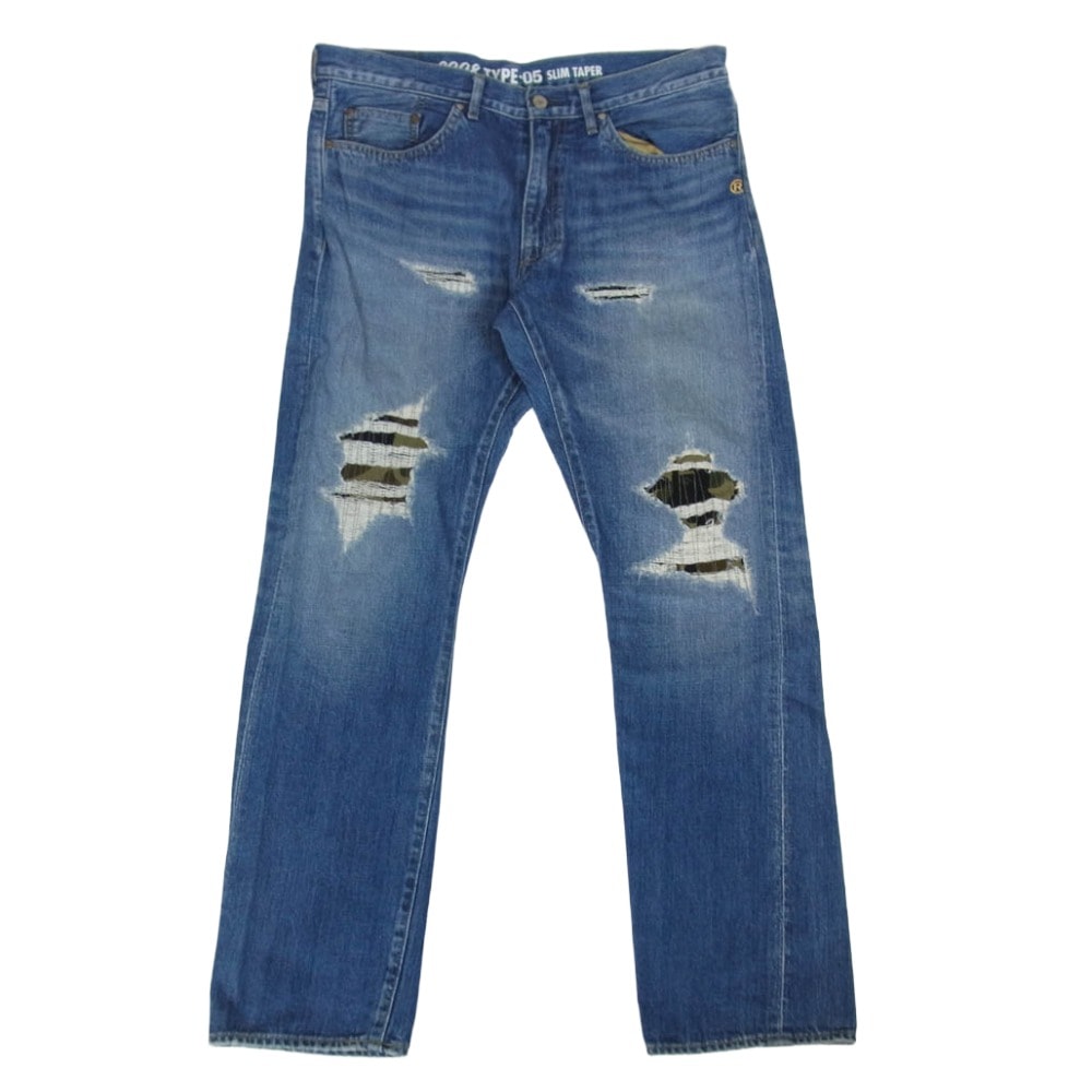 A BATHING APE アベイシングエイプ デニムパンツ 001DPE301001X BAPE CAMO DAMAGE DENIM PANTS カモ柄 ダメージ加工 デニム パンツ インディゴブルー系 XL【中古】