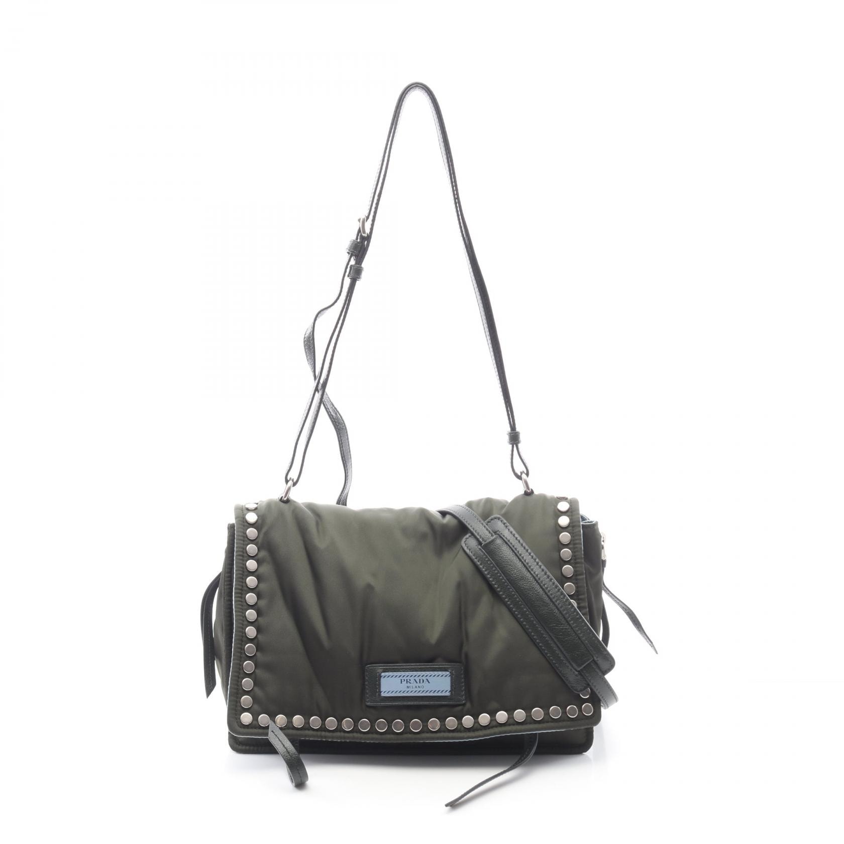 プラダ PRADA TESSUTO エティケット ショルダーバッグ バッグ ナイロン レザー レディース カーキ系 1BD081 【中古】