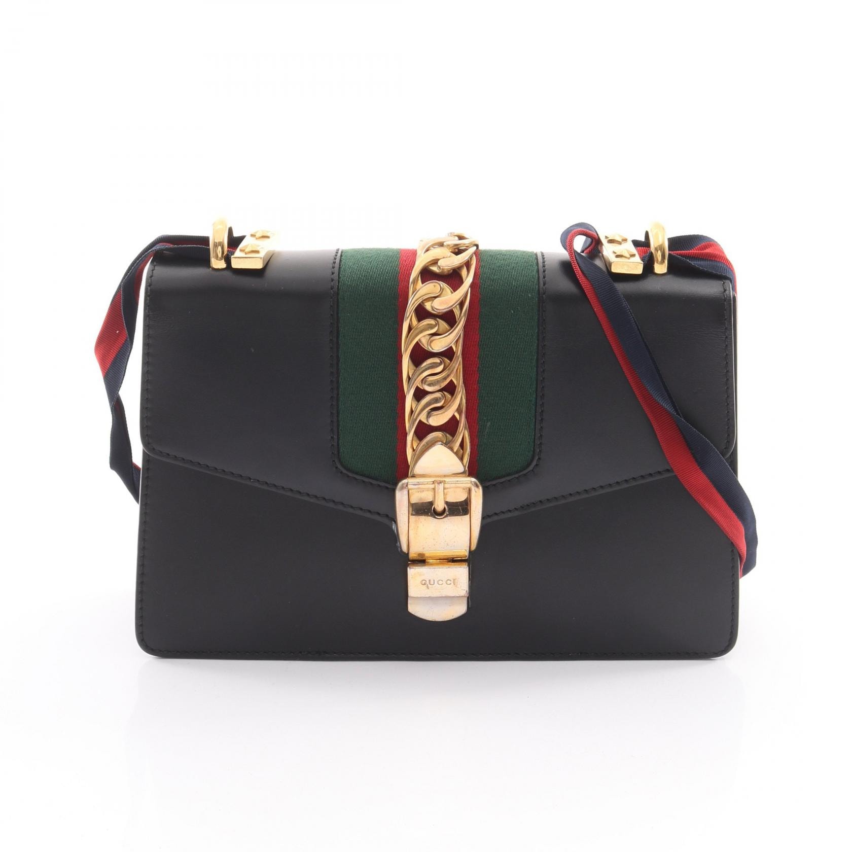 グッチ GUCCI シルヴィ スモール ウェブライン ショルダーバッグ バッグ レザー レディース ブラック系 / グリーン系 / レッド系 421882 【中古】