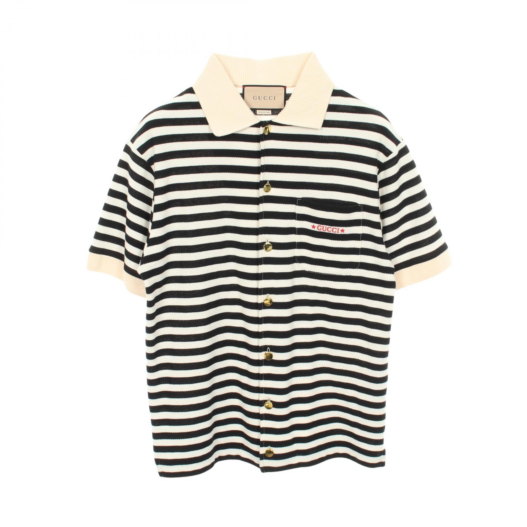 グッチ GUCCI ロゴ刺繍 ボーダー 半袖 衣料品 トップス コットン メンズ アイボリー系 / ブラック系 692144 【中古】