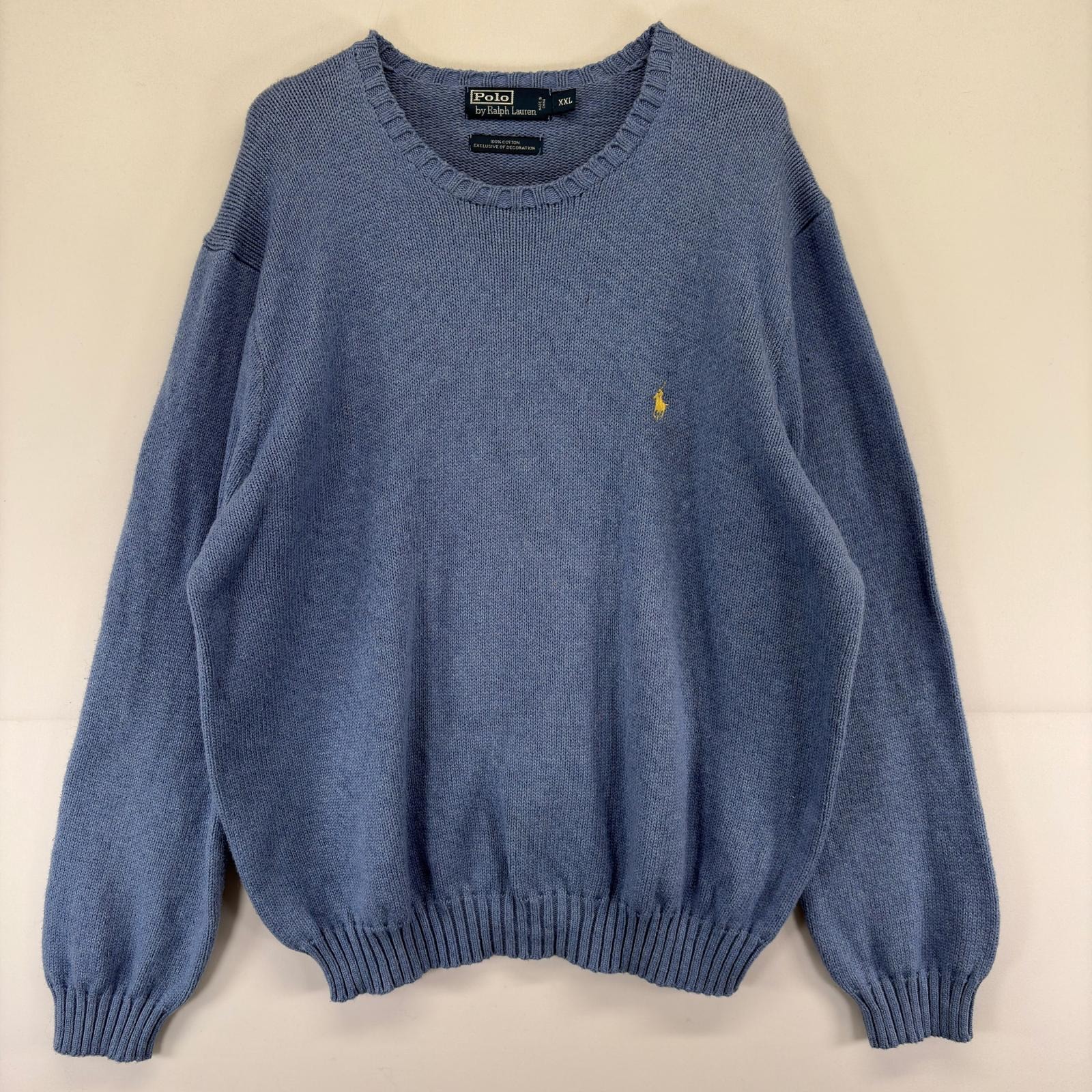 古着 ポロバイラルフローレン Polo by Ralph Lauren ニット セーター ワンポイント ロゴ 刺繍 大きいサイズ コットン 2XL  水色 メンズ