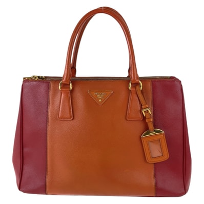 PRADA プラダ サフィアーノ 三角ロゴプレート オレンジ レッド バイカラー ゴールド金具 レザー ハンドバッグ トートバッグ 504554 【中古】