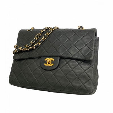 【6dd4884】シャネル ショルダーバッグ マトラッセ Wフラップ Wチェーン ラムスキン ブラック ゴールド金具【中古】レディース