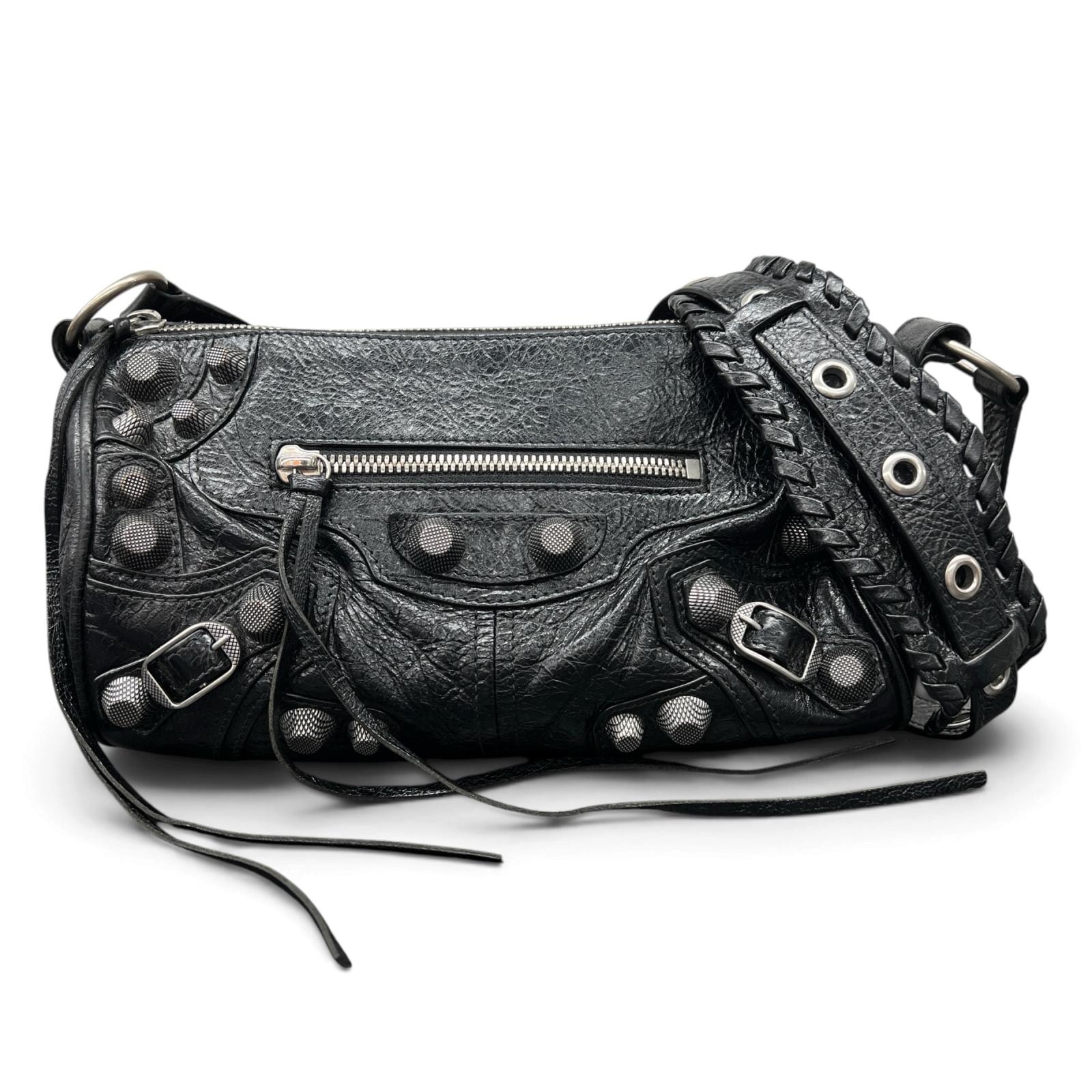 BALENCIAGA 美品 バレンシアガ Le Cagole ルカゴール シリンダーバッグ ショルダーバッグ 771716 レザー ブラック シルバー金具 クロスボディ スタッズ Y2K ABランク 中古 鑑定済 バレンシアガバッグ