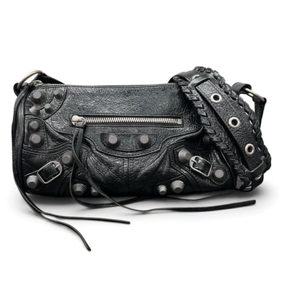 BALENCIAGA 美品 バレンシアガ Le Cagole ルカゴール シリンダーバッグ ショルダーバッグ 771716 レザー ブラック シルバー金具 クロスボディ スタッズ Y2K ABランク 中古 鑑定済 バレンシアガバッグ