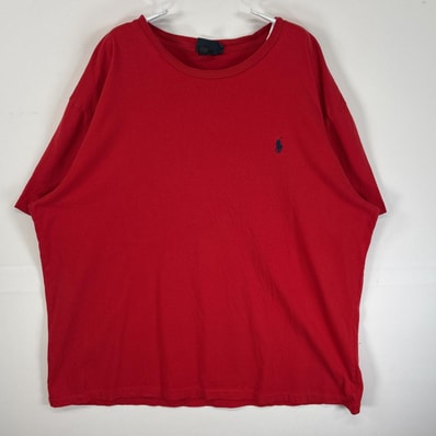 古着 90's/90年代 ポロバイラルフローレン Polo by Ralph Lauren 半袖Tシャツ ロゴ 刺繍 クルーネック XL レッド 無地 メンズ