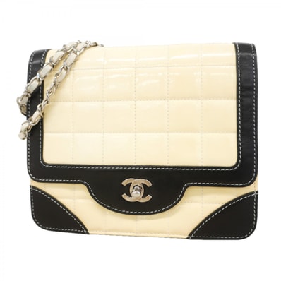 ★最終価格【6db1458】シャネル ショルダーバッグ チョコバー Wチェーン パテントレザー アイボリー ブラック シルバー金具【中古】レディース