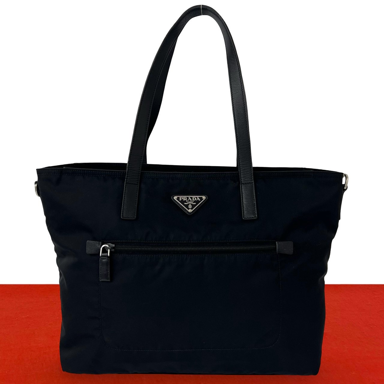 PRADA プラダ 三角ロゴ 金具 ナイロン レザー トートバッグ ブラック
 54107