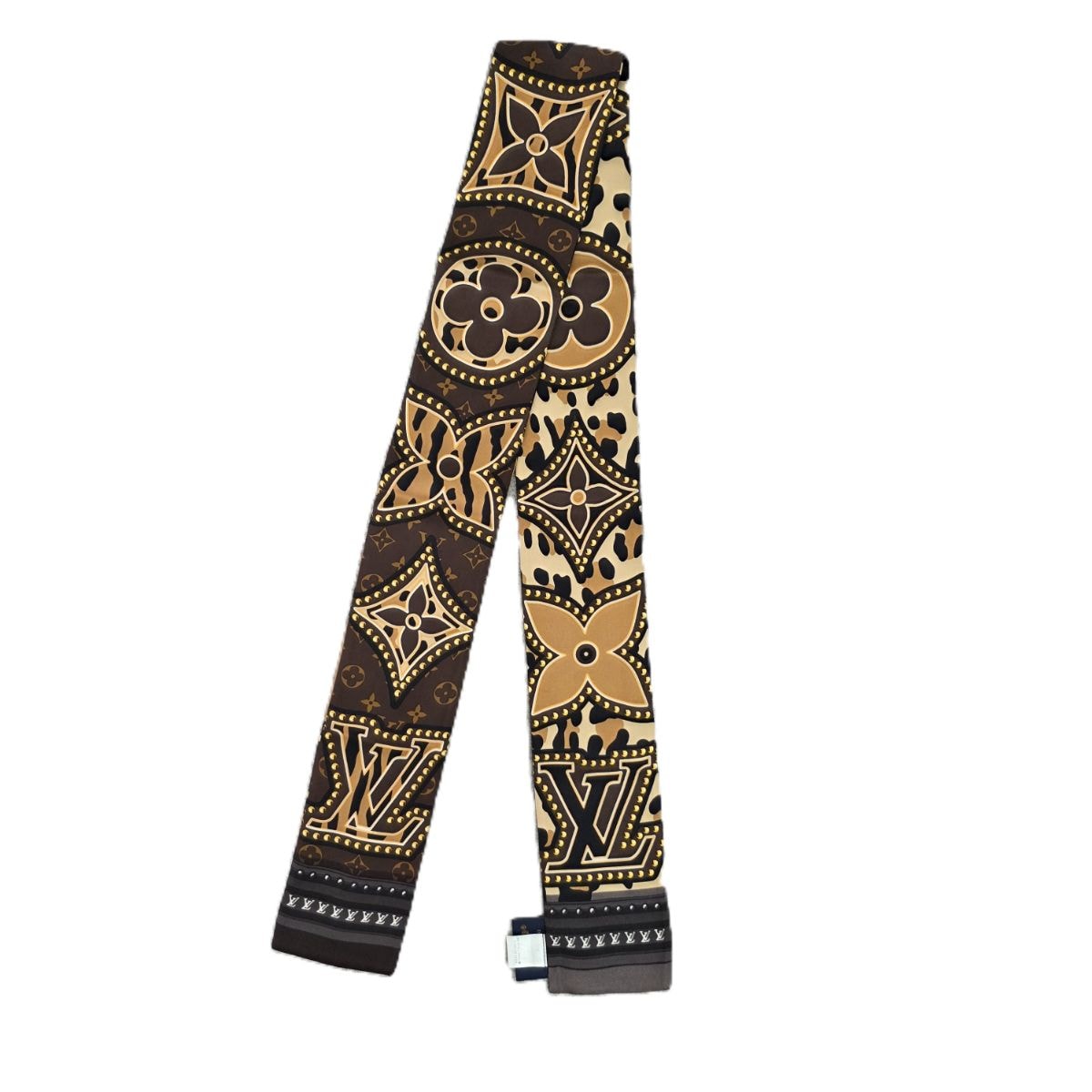 LOUIS VUITTON ルイ・ヴィトン バンドー LVワールド  ヒョウ柄 モノグラム スカーフ M70853 シルク ブラウン  レディース【中古】