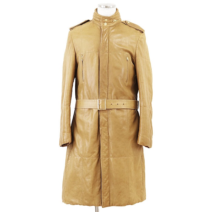 【SALE】GUCCI グッチ ヴィンテージ レザーコート リアルレザー 本革 ミリタリー ロング丈 アウター ベルト付属 メンズ サイズ 48 キャメル イタリア製