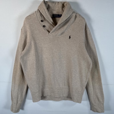 古着 ポロ・ラルフローレン POLO RALPH LAUREN ショールカラーニット プルオーバー ワンポイントロゴ刺繍 エルボーパッチ M ベージュ系 メンズ