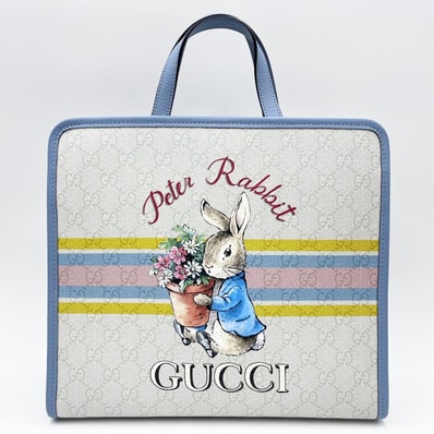 GUCCI(グッチ)ピーターラビット GGスプリーム キャンバス トートバッグ ハンドバッグ ホワイト系 マルチカラー レザー ブルー レディース 605614【中古】