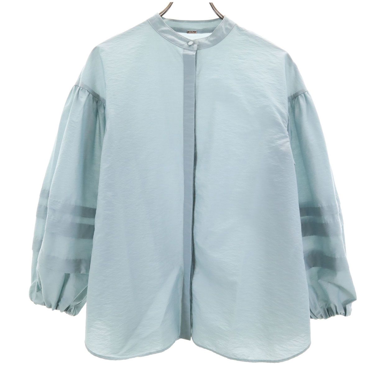 Mila Owen ミラオーウェン 長袖 バルーンスリーブ ノーカラーシャツ グリーンブルー