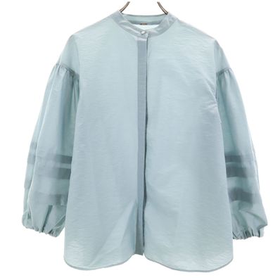 Mila Owen ミラオーウェン 長袖 バルーンスリーブ ノーカラーシャツ グリーンブルー