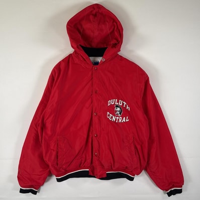 古着 90's/90年代 チャンピオン Champion USA製 ナイロンスタジャン パーカー チームロゴ バックプリント フーディ L レッド メンズ