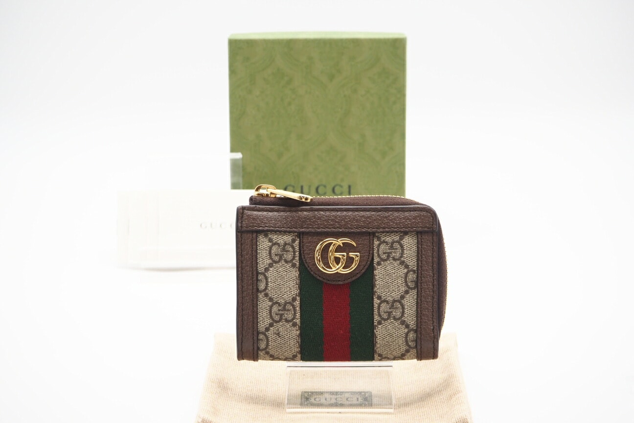 極美品 GUCCI グッチ GGスプリーム PVC×レザー コンパクトウォレット 644333 コインケース ブラウン コーティングキャンバス レザー レディース