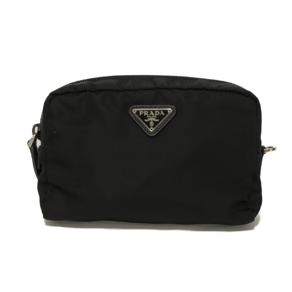 PRADA プラダ ヴェラ ポーチ ブラック サフィアーノ シルバー トライアングルロゴ ナイロン ネロ クラッチバッグ 1NE021 067 F0002